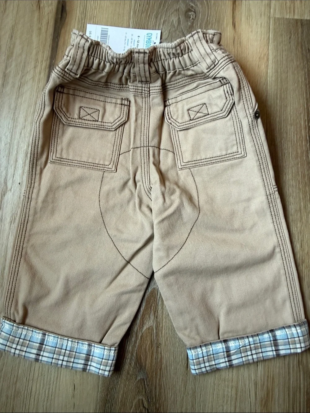 Vintage Kids Gymboree Tan Canvas Cargo Pants with Plaid Cuffs